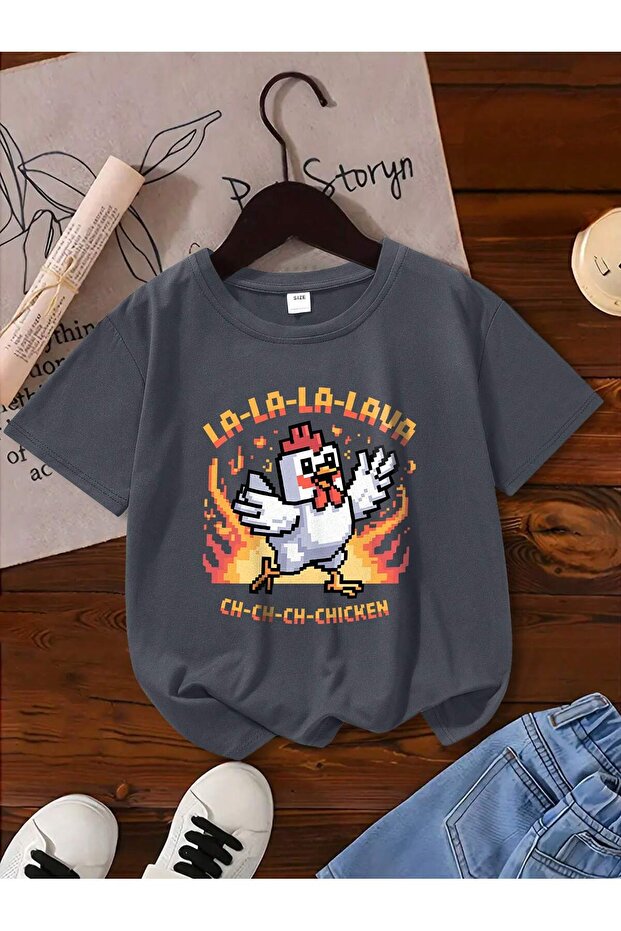 تي شيرت من القطن الممشط للأولاد من Lava Chicken مطبوع كبير الحجم ومريح للاستخدام اليومي