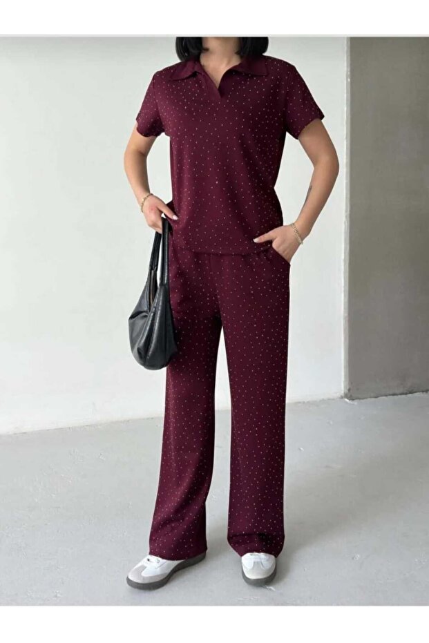 Modal Fabric Stone Detailed Shirt Collar Soft-Textured Comfortable Tracksuit Set