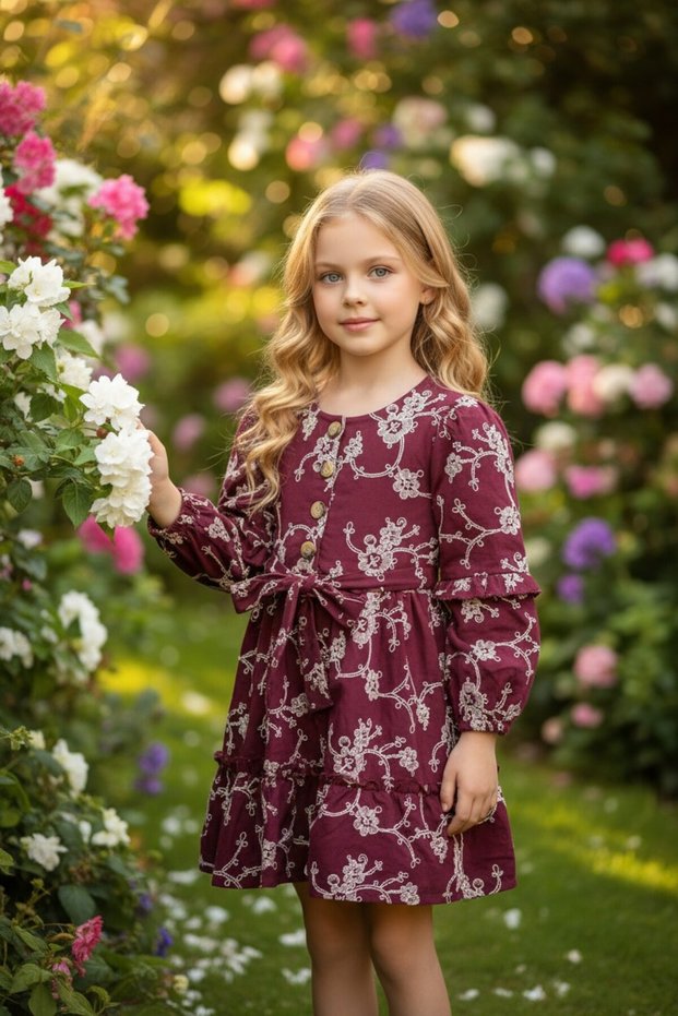 Girl's Embroidered Embroidered Belted Long Sleeve Layered Skirt Stylish Dress
