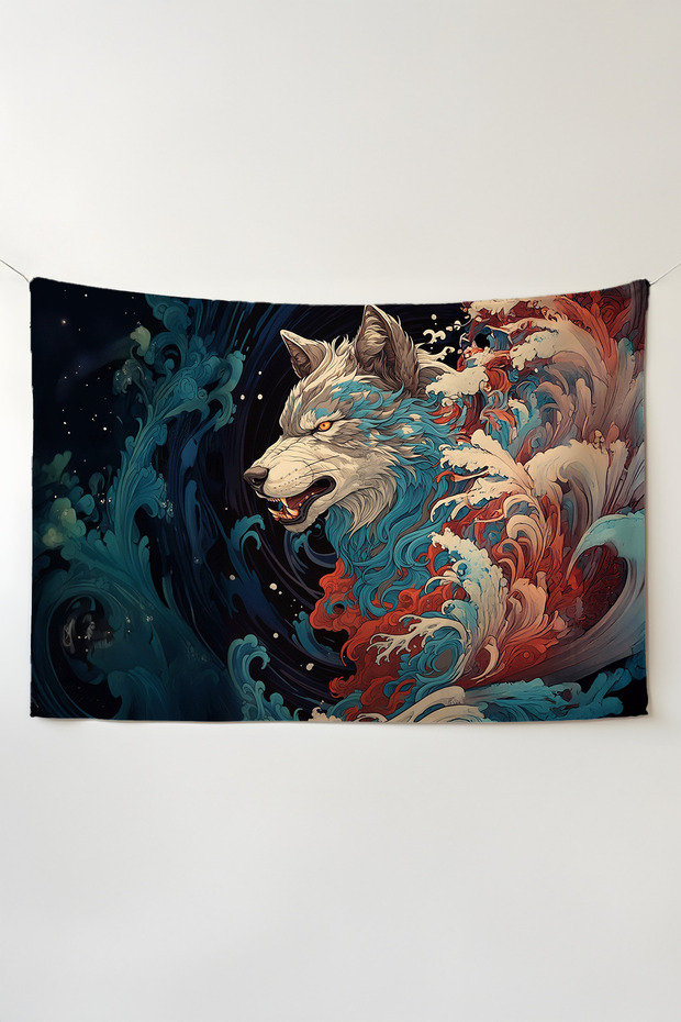 Warrior Ancient Wolf Wall Covering – Large Size Tapestry Wall Rug Sq, Game Anime Movie Room Decor