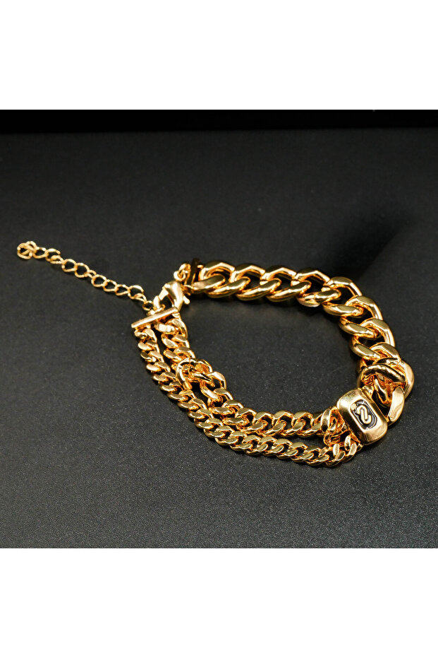 Gold-Tone Double Chain Bracelet with "S" Charm - Layered Curb Link Design
