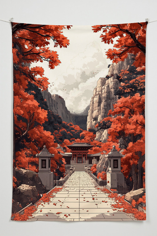 Autumn at the Temple Wall Covering – Large Size Tapestry Wall Rug Si, Game Anime Movie Room Decor