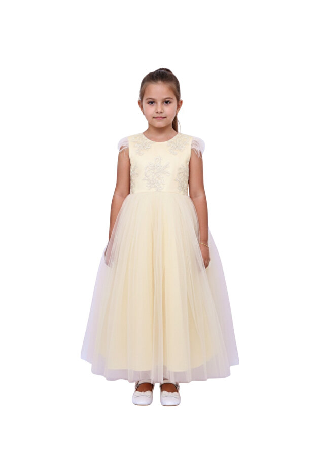 - Long Party Dress with Patterns Cream Colour