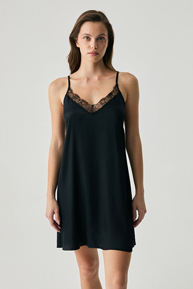 Viscose Satin Textured Lace Detailed Nightgown