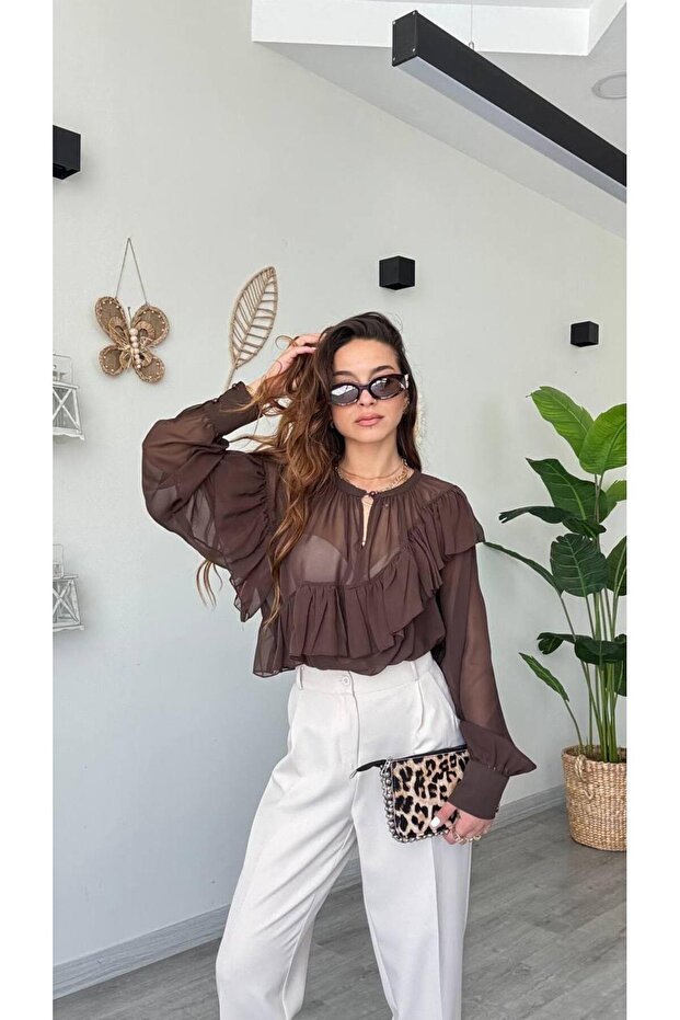 Women's Brown Shirring and Sleeve Detail Ruffles Drapey Chiffon Shirt Blouse