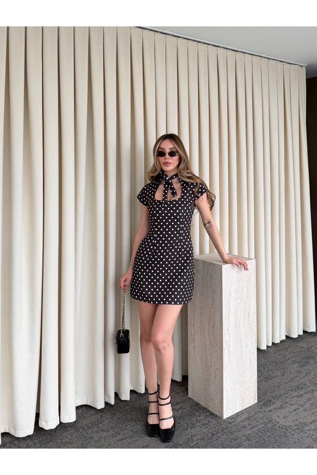Black Collar Tie Detail Short Dress with Inner Shorts - 5084