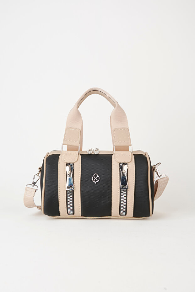 Women's Black Mink Lily Cylinder Zipper Closure Column Strap Handbag and Shoulder Bag