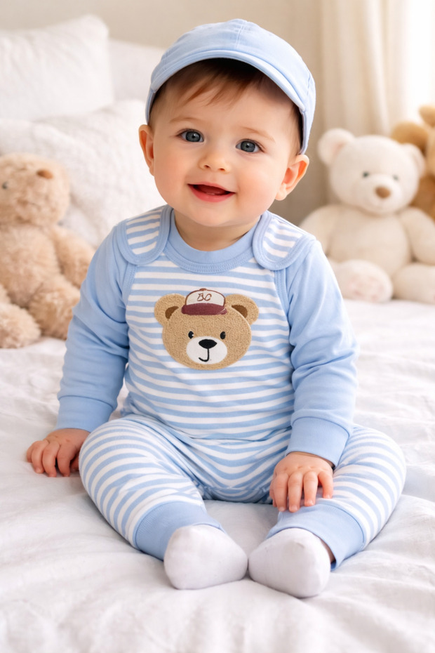 Bear Embroidered Striped Baby Set (Beanie Not Included)