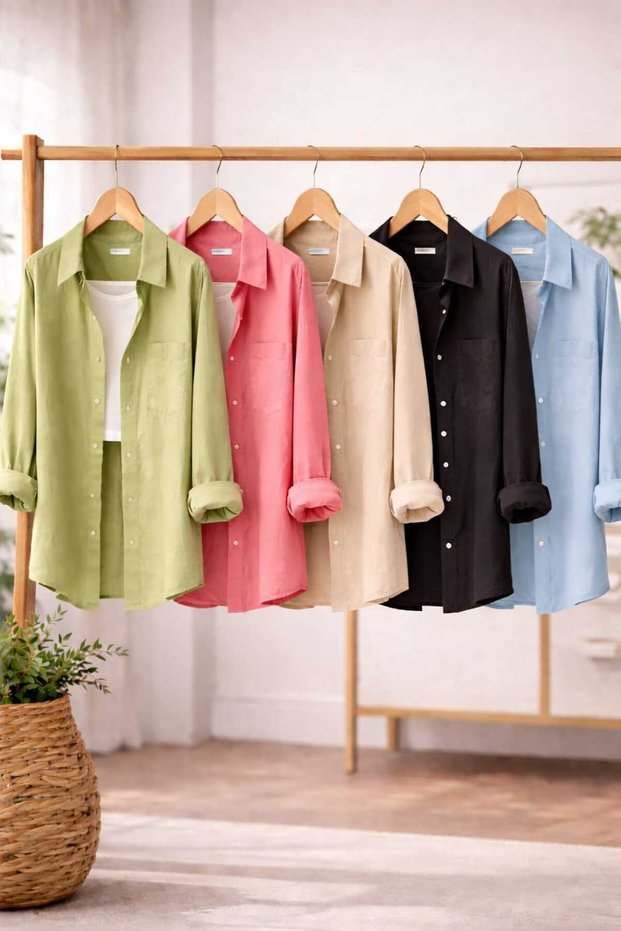 Women's 5-Pack Khaki Pink Black Beige Blue Cotton Oversize Cotton Linen Single Pocket Loose Shirt