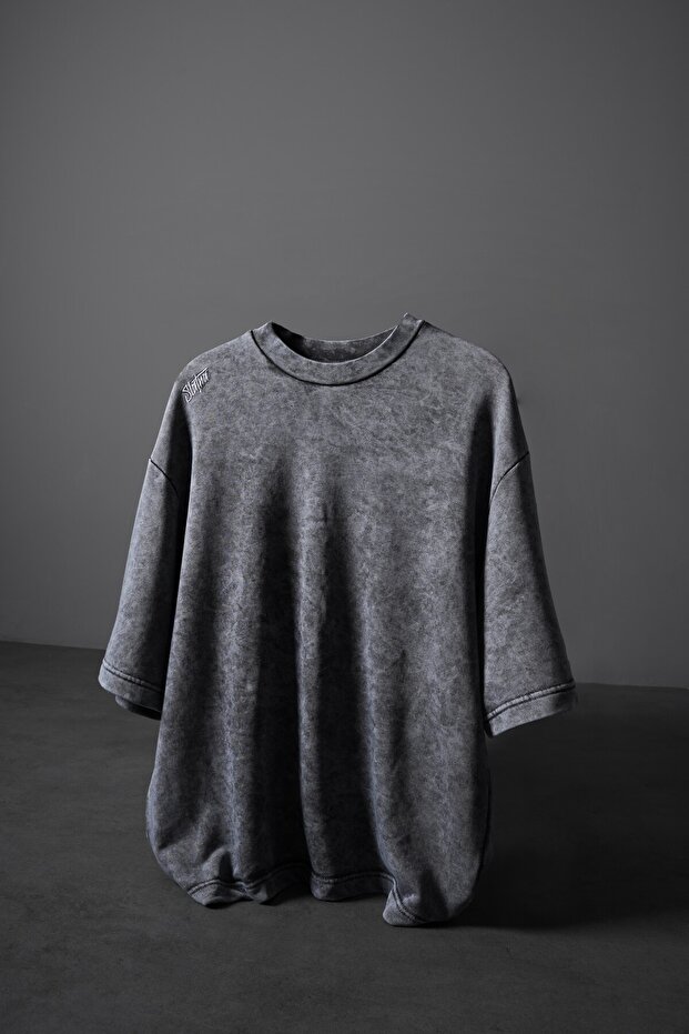 Men's Gray Oversized Washed Effect Basic Tshirt - 1