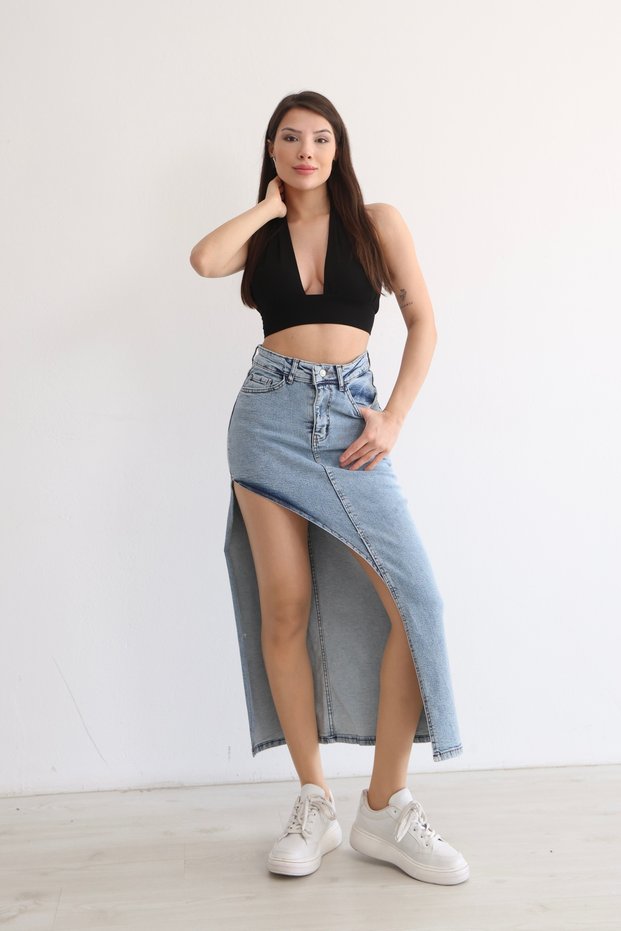 Women's High Waist Deep Slit Long Denim Skirt Light Blue Trend Denim Bnj-428