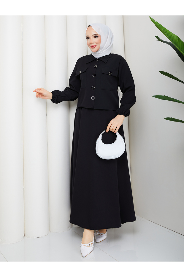 Hürrem Double Fabric Button Detailed Stylish Hijab Skirt Jacket Double Set