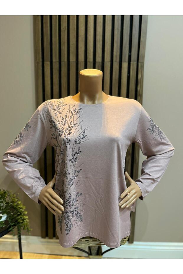 Women's Combed Cotton Blouse for Middle Ages and Above with Viscose Sparkling Branches and Stones