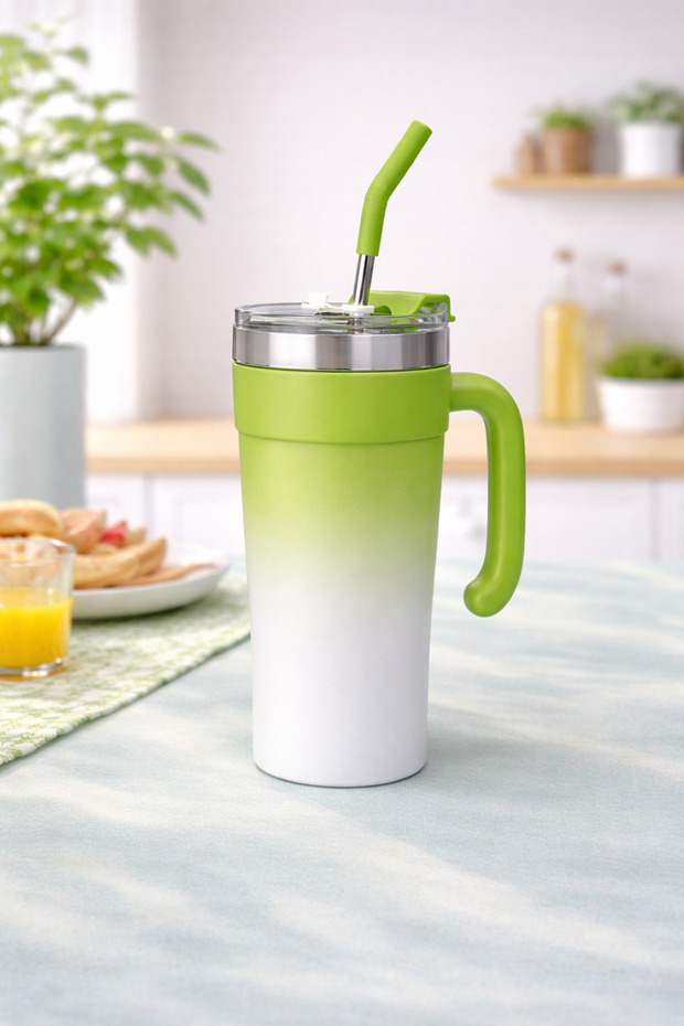 Stainless Steel Thermos Cup with Straw and Handle Portable Cold Hot Drink Cup