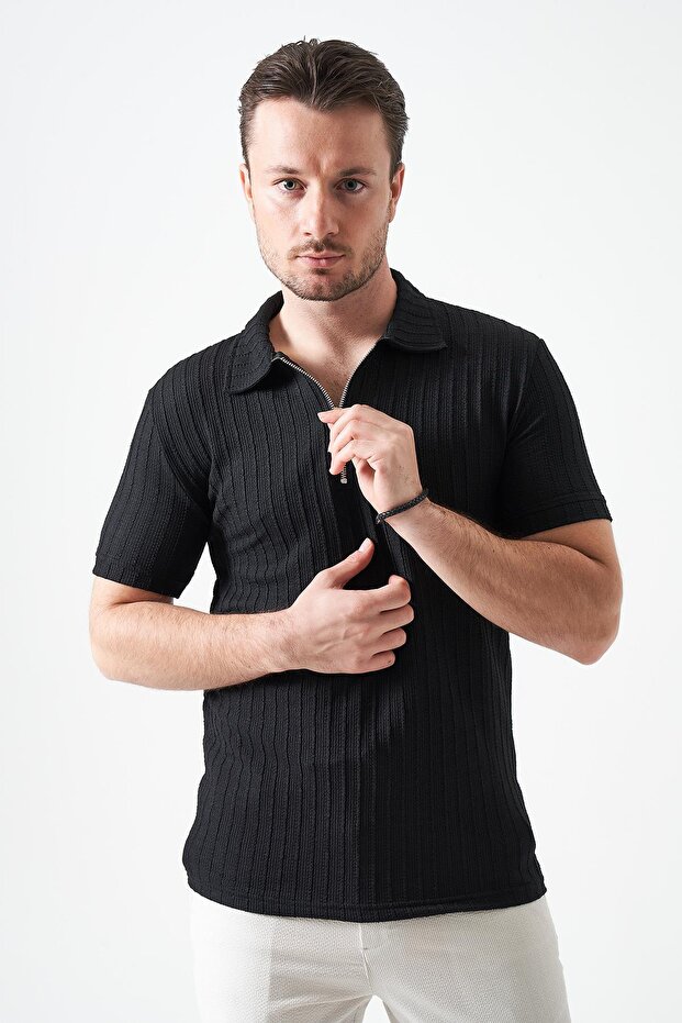 Men's Black Footed Collar Zipper Heavy Jacquard T-Shirt