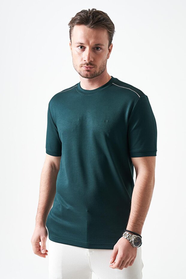 Men's Nefti-Green Crew Neck Shoulder Thick Striped Detail T-Shirt