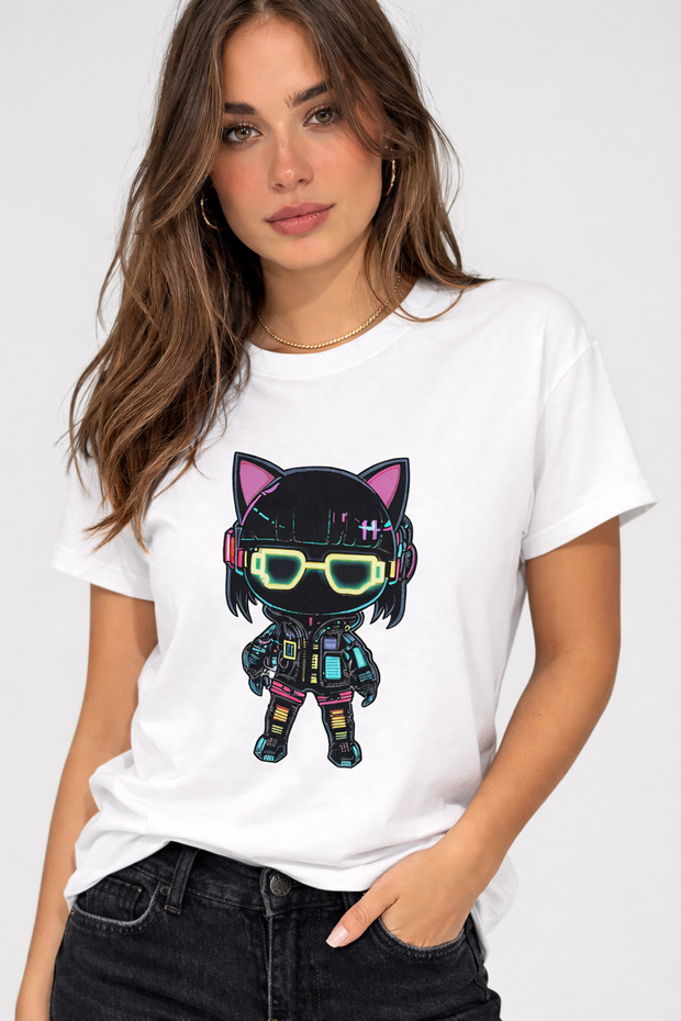Women's Neon Cyberpunk Cat Character Printed White T-Shirt 100% Cotton Streetwear