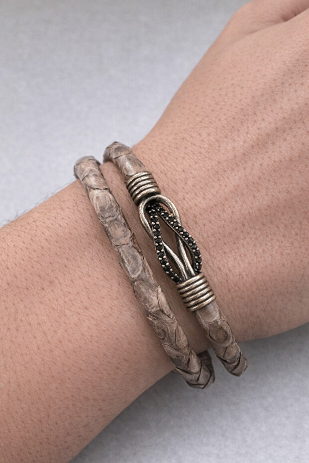Piton Leather Beige Infinity Zircon Double Leather Men's Bracelet