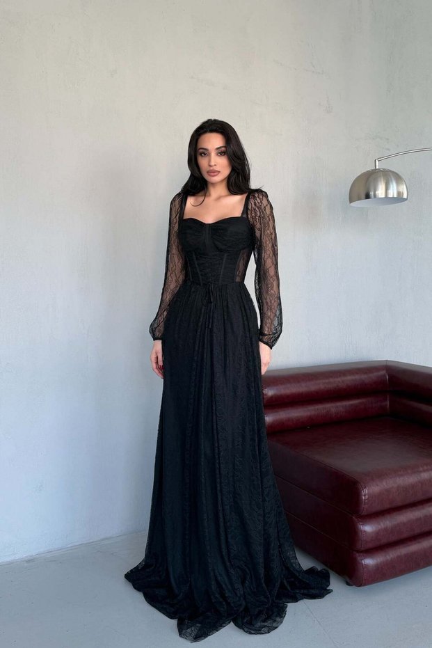 Black Heart Neck Corset Detail Front Tie Lace Evening Dress
