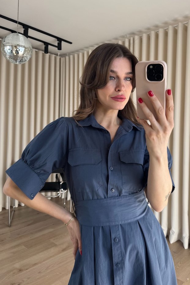 Indigo Balloon Sleeve Corset Detailed Shirt Dress