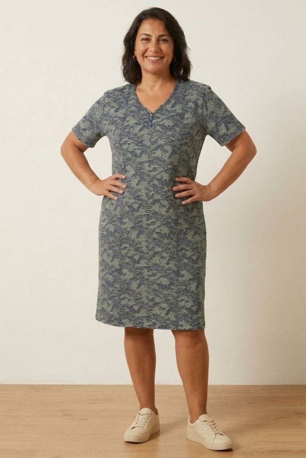Comfortable Fit V-Neck Button Detailed Patterned Cotton Short Sleeve Casual Women's Dress Summer Length