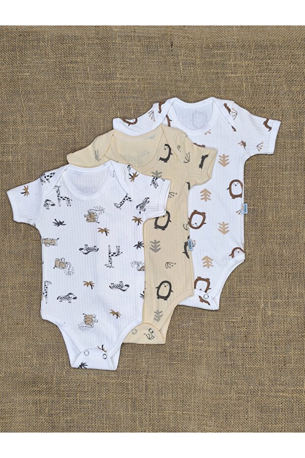 3-Pack 100% Organic Cotton Short Sleeve Penguin Patterned Snap Fastener Baby Bodysuit with Envelope Collar Undershirt
