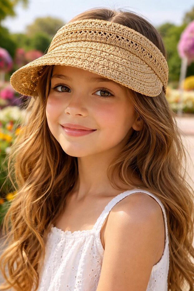 Camel Hand Knitted Straw Visor Hat for Girls 10-18 Years Old