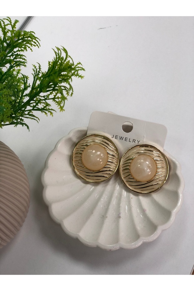 Gold Channel Frame Cream Round Vintage Earrings