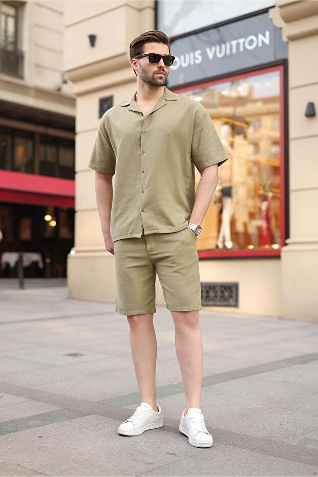 Light Green 100% Cotton Piece Men's Shorts and Shirt Set E7360