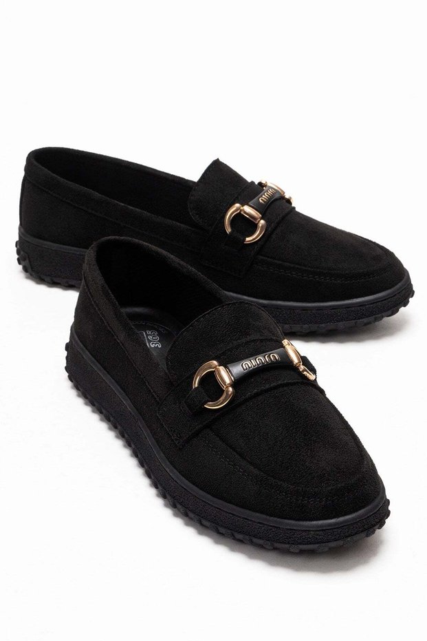 Non-Slip Women's Buckled Loafers Shoes Black Suede
