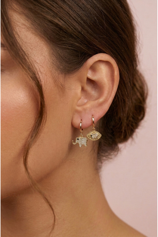 Asymmetrical Elephant Symbol Hoop Earring Set – Minimal Elephant Charm Earrings with Zircon Stones