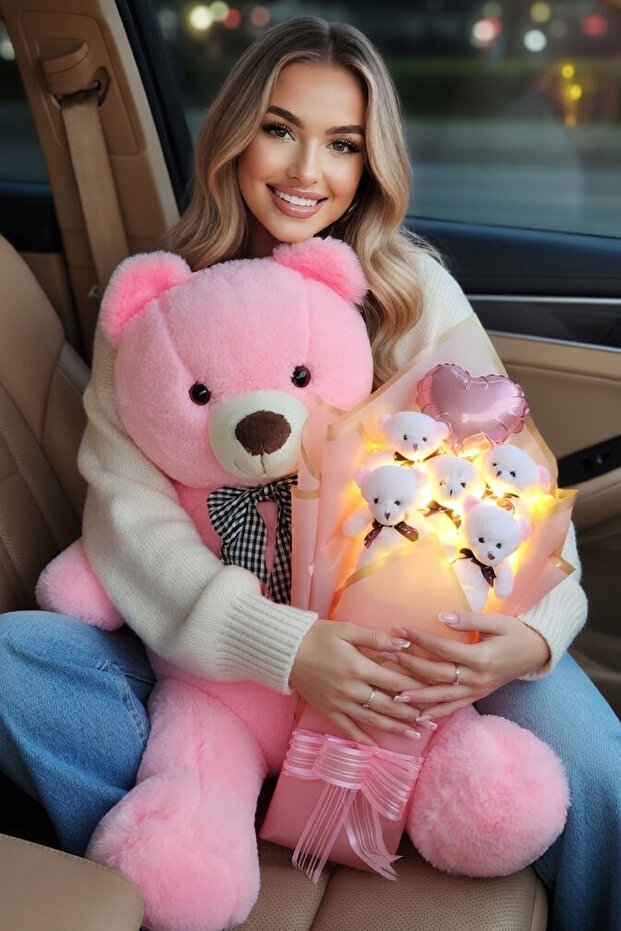 Solemia Sevgiliye Hediye 90 Cm Peluş Ayı & LED Işıklı Pembe Balonlu Peluş Ayıcık Buketi Flörte Kıza Hediye