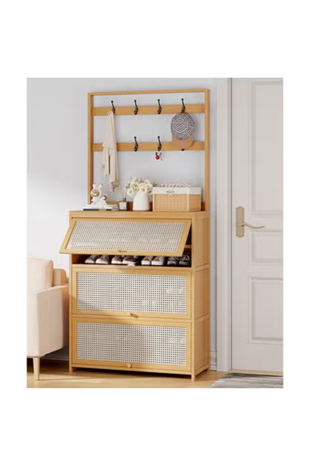Solid Wood Flip Door Shoe Rack Cabinet with Hanger – 100×32×188 cm