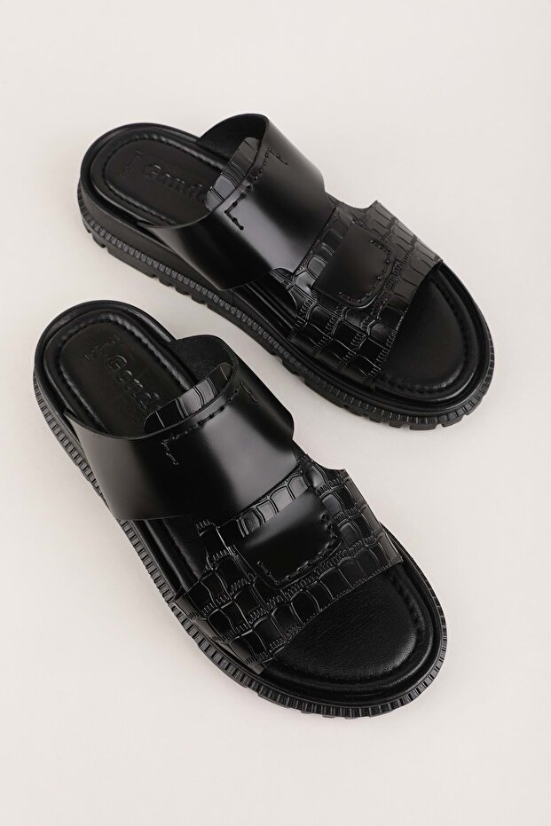 Men's Genuine Leather Daily Comfortable Sole Slipper Hkm.195 Black