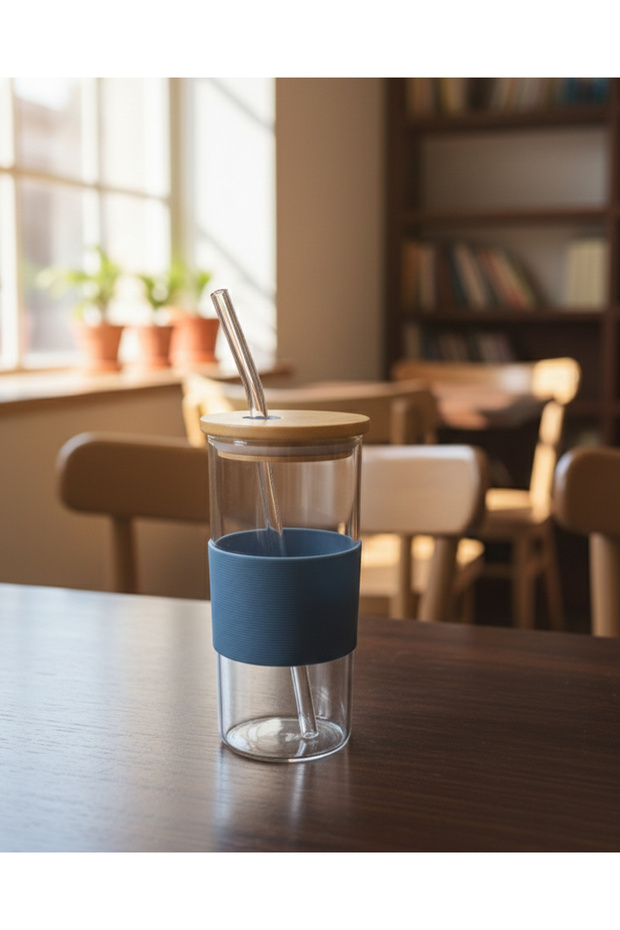 Bamboo Glass Mug with Lid and Straw - 400ml