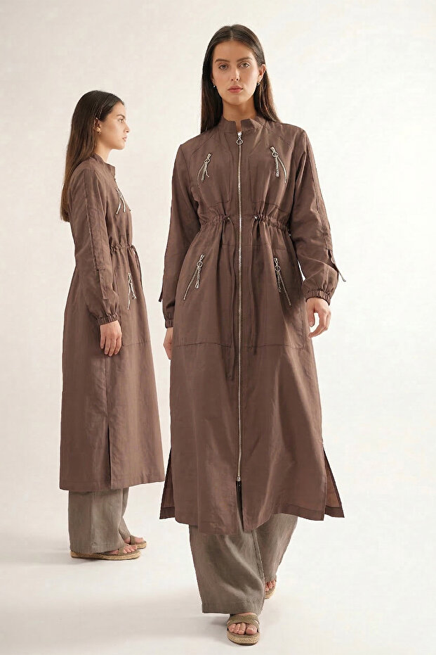 Hakim Yaka Beli Ruched Front Zip Detail Safari Cap Jacket 822 Brown