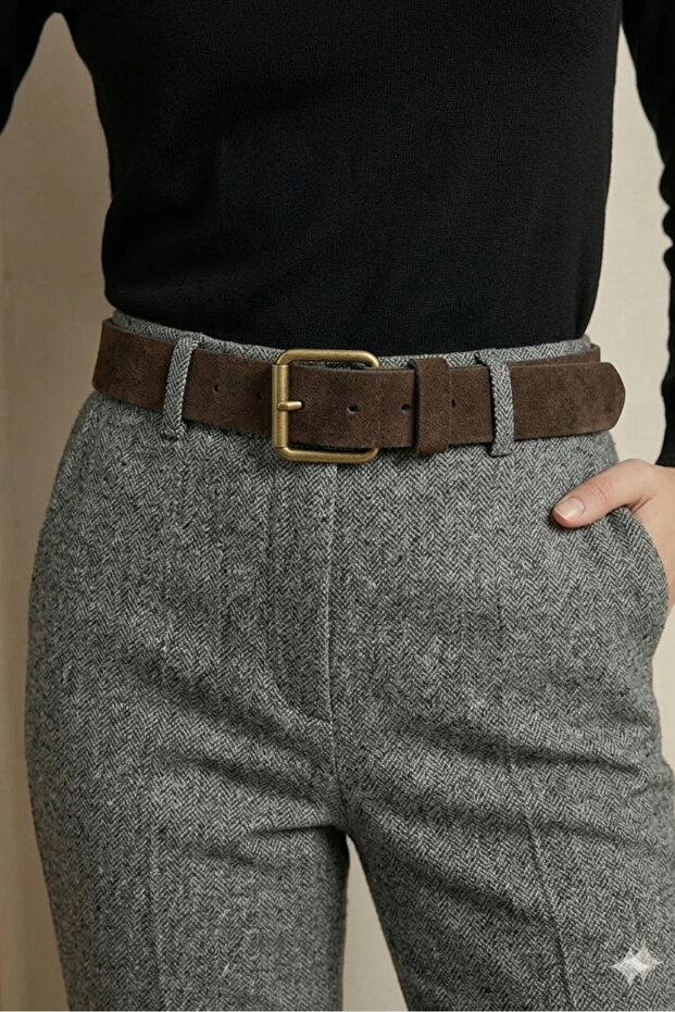 Women's Brown Buckled Suede Belt – Minimal Chic Leather-Look Waist Belt I