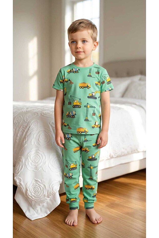 Short Sleeve Patterned Children's Pajama Set # Printed Children's Pajama Set # Construction Patterned Pajamas # Laundry Room