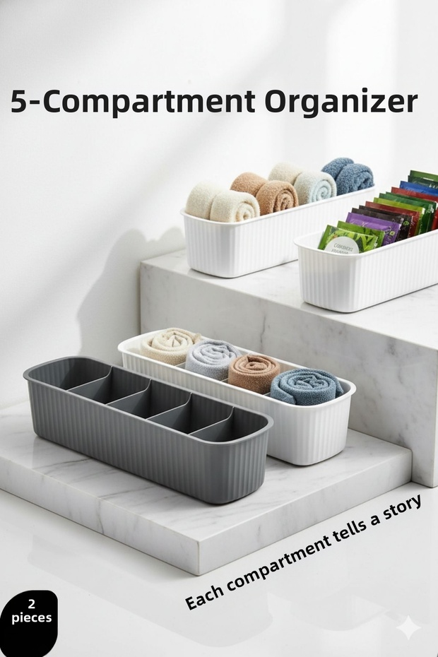 5-Compartment Cabinet and Drawer Set of 2 Organizer Boxes (Gray & White) 722440