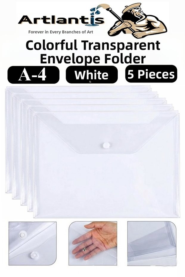 White A4 Snap Fastener File Transparent Colored Envelope File 5 Pieces Snap Fastener File Waterproof 100 Sheet Capacity