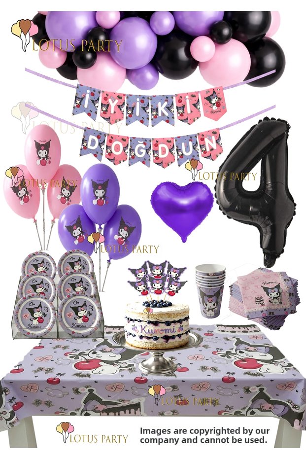 Licensed Kuromi Birthday Set - Kuromi Balloon - Napkin Kuromi Plate Cup Kuromi Balloon Age 4