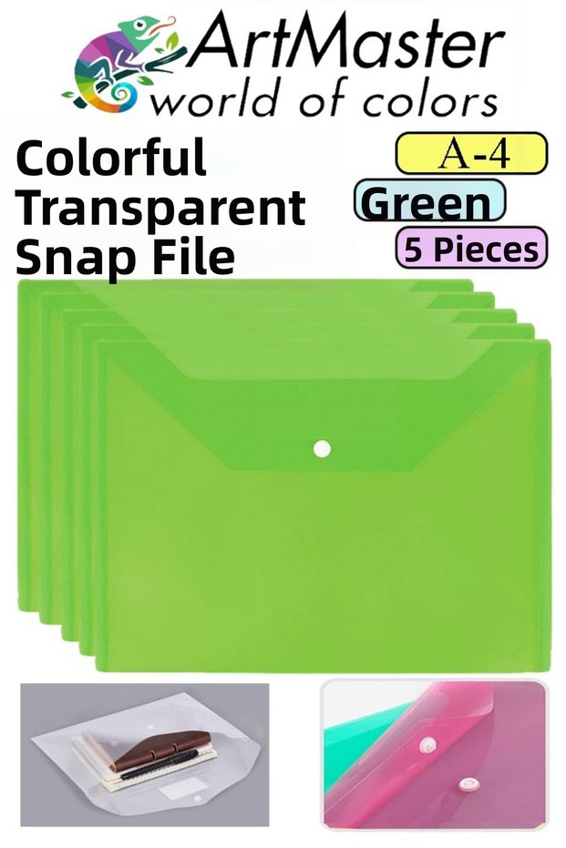 Green A4 Snap Fastener File Transparent Colored Envelope File 5 Pieces Snap Fastener File Waterproof 100 Sheet Capacity