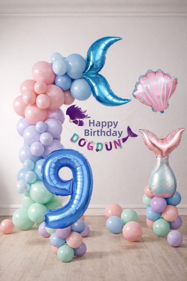 Mermaid Themed 9Th Birthday Balloon Decoration Set – Pastel Colored Party Decoration Set