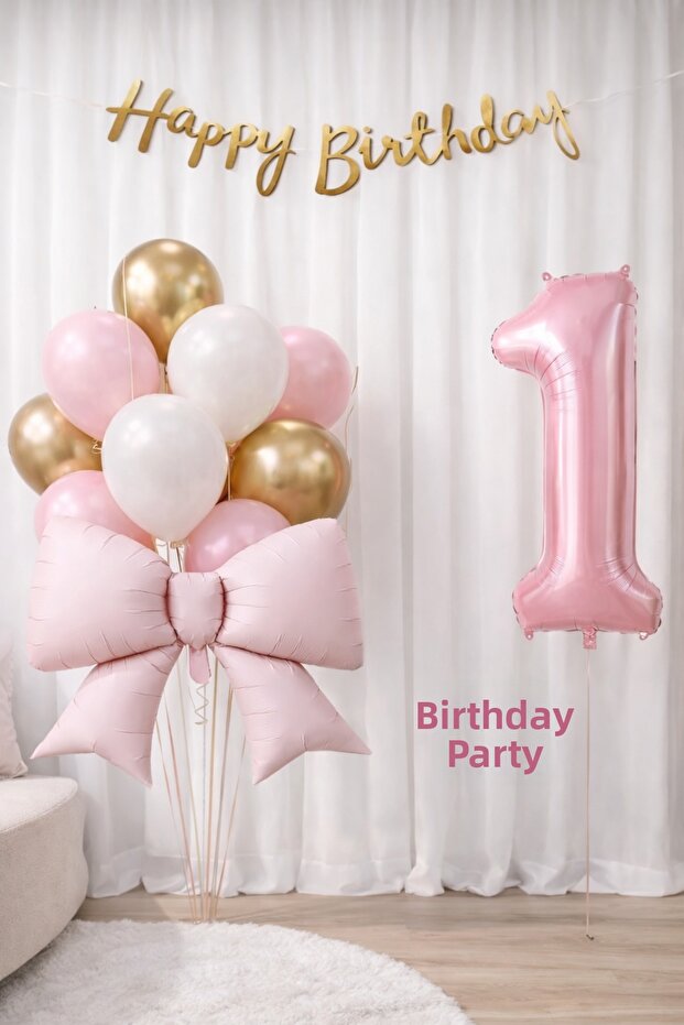 Bow Pink Gold Birthday Balloon Set Banner + Number Balloon + Bow Balloon