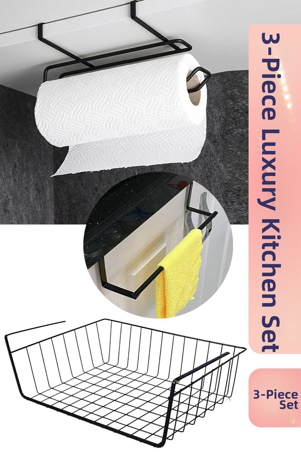 Stainless Metal 3-Piece Kitchen Set, Shelf, Cabinet Door and Cloth Hanger