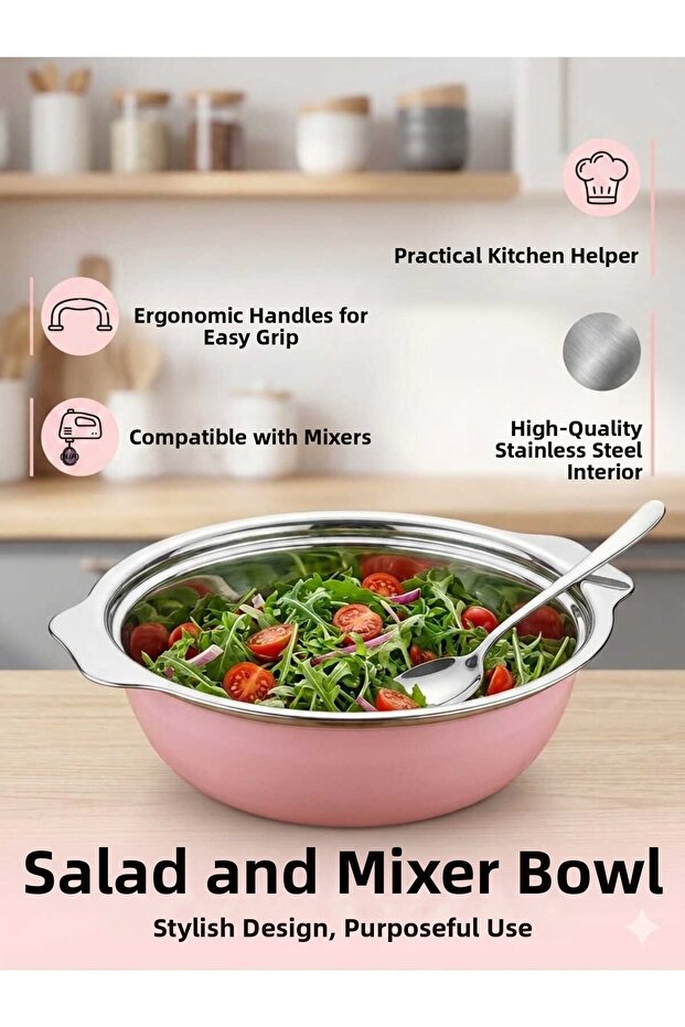 Premium Pink Exterior Stainless Steel Salad and Mixer Bowl - Serving Bowl with Handle (29 cm)