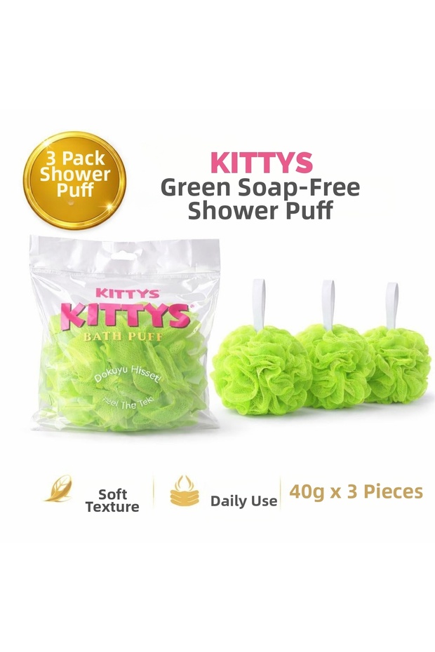 Kittys 3-Pack Green Soap-Free Shower Loofah 40Gr Soft and Durable Bath Loofah, Use with Shower Gel