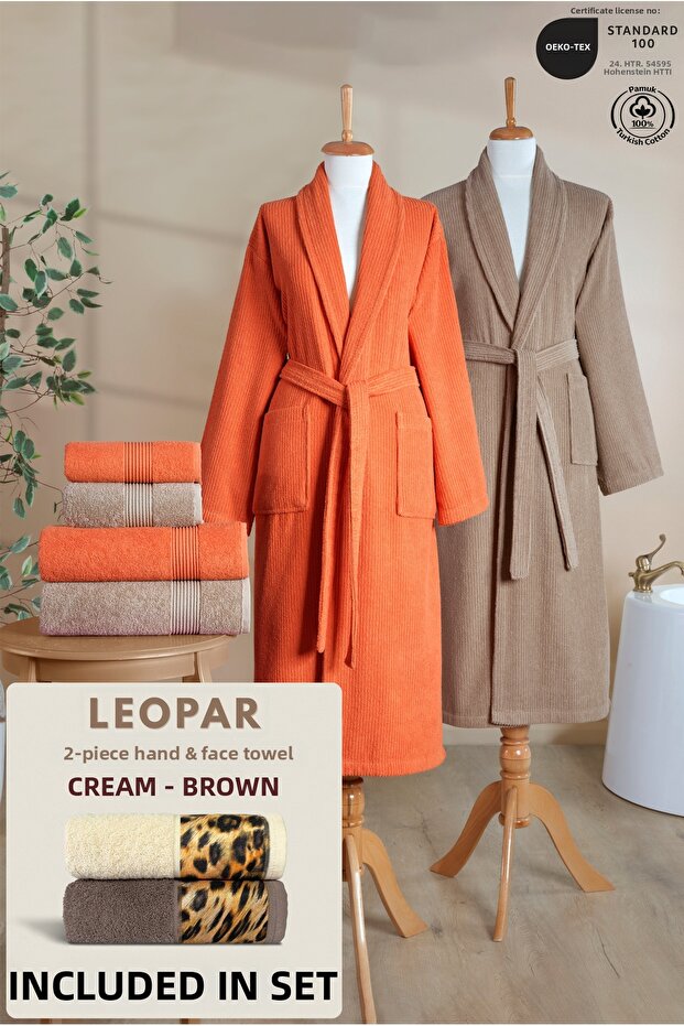 6 Piece Striped Bathrobe Set 100% Cotton Certified + Gift Leopard 2-Piece Coffee Cream Hand Towel Dowry