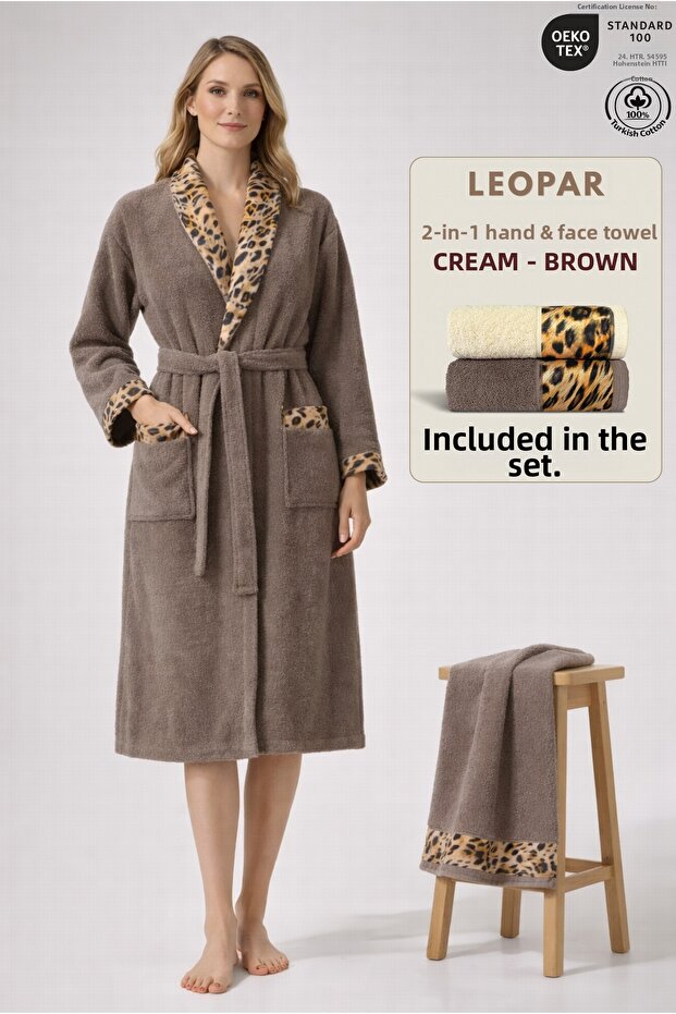 2 Piece Leopard Patterned Women's Bathrobe Set %100 Cotton Certified and Coffee Cream 2-Piece Hand and Face Towels