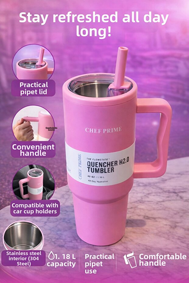 Steel Tumbler Thermos with Handle 1.2 L Large Size with Straw Compatible with Car Cup Holder Hot and Cold Holder